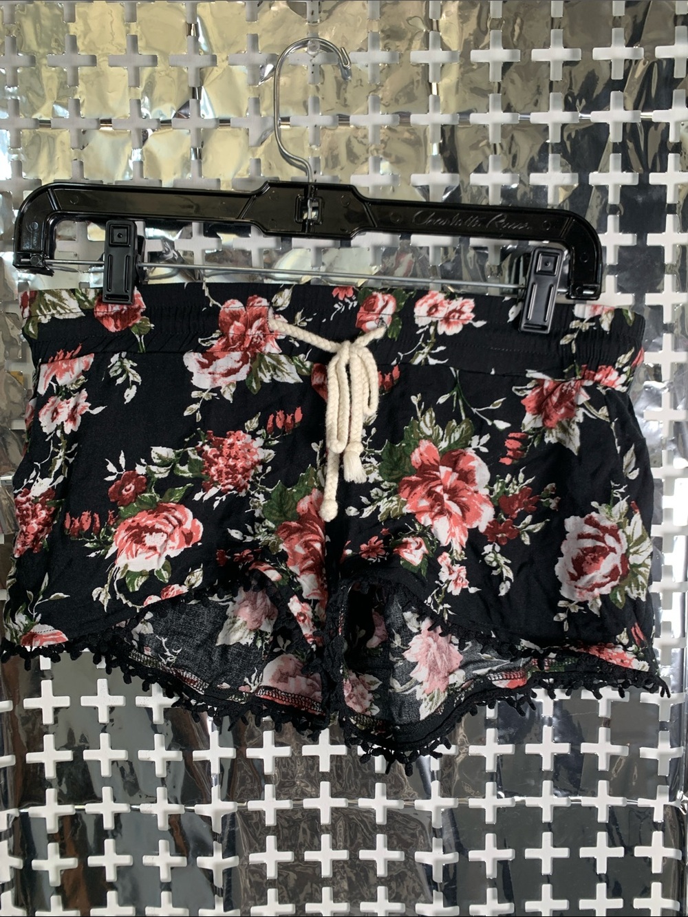 Trillium Black Floral Lounge Shorts with Cream Drawstring